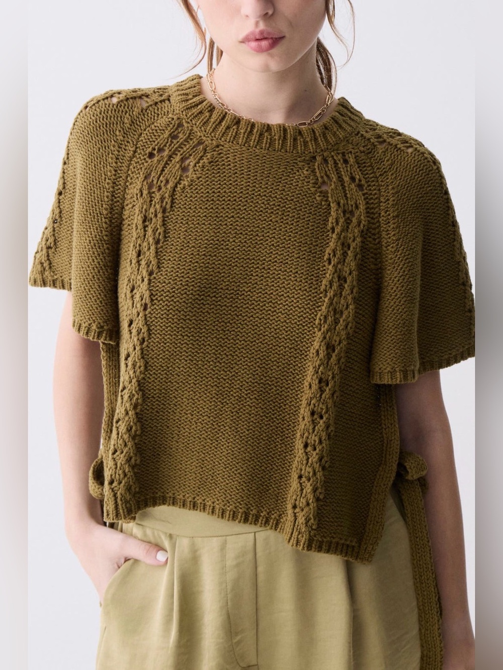 DELUC Dinos Flutter Sleeve Knit Sweater Tee Side Tie Size Large NWOT